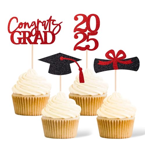 Class of 2025 Graduation Decoration Party Cupcake Toppers, Double-sided Grad Cap Cake Toppers for Graduation Party Supplies 2025 Graduate Party Graduation Decorations(24 pcs, Red & Black)