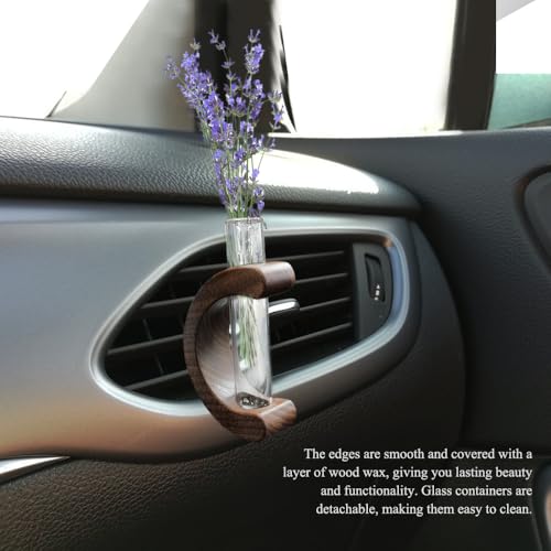 Image of Little Glass Flower Vase Air Vent Clip, Car Flower Vent Clip, Cars Vase Vent Clip Plant Holder, Universal Auto Interior Wooden Ornament Decoration Accessories for Women (Black Walnut)
