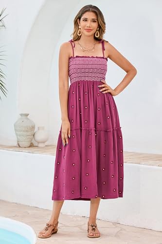 Image of R.Vivimos Womens Summer Cotton Boho Midi Dress 2026 Spaghetti Strap Floral Embroidered Smocked Tiered Flowy Long Dresses