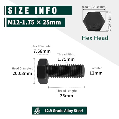 Image of M12-1.75 x 25mm Hex Bolts, High-Strength Metric Class 12.9 Steel Hex Head Screws for Valves Pumps Motors Automotive Suspension Systems, Black Oxide, Full Thread, 10-Pack