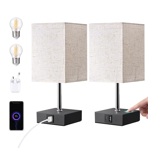 EDISHINE Lámpara de Noche LED Regulable Táctil 2 Lámparas de Mesa Lámpara Moderna 2 USB Puertos para Dormitorio Salón Alféizar de Ventana Pantalla de Lino de Regalo