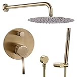 Brushed Brass Concealed Shower Set Gold Bathroom Shower Mixer System Round 12 Inch Rainfall Shower Head Kit