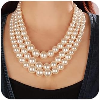 Octwine Dainty Three Multi Layer Imitation Pearl Statement Necklace Faux Pearl Earrings Bridal Wedding Punk Stylish Collar Choker Necklace for Women