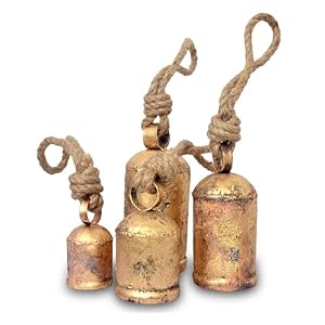 Set of 4 Vintage Metal Cow Bells–Rustic Brass Jingle Bells Indian Tin Bells on Rope for Christmas Decor Hanging Lucky Harmony Bells Ideal for Holidays Festive Decoration