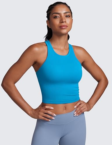 Image of CRZ YOGA Seamless Rib Racerback Crop Tank | Light Support, Removable Pads, Yoga, Ribbed, Racerback, Longline Sports Bras for Women