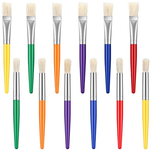 DOPENSPI Lot de 12 pinceaux de peinture pour enfants, 6 pinceaux ronds et 6 grands pinceaux plats pour peinture acrylique lavable