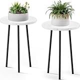 Plant Stand Indoor 2 Pack: Corner Wood 20 Inch Plant Stand Mid Century Modern Decor - Small Round Plant Table for Indoor Plants - Plant Holder for Patio Living Room Bathroom Office (White Marble)