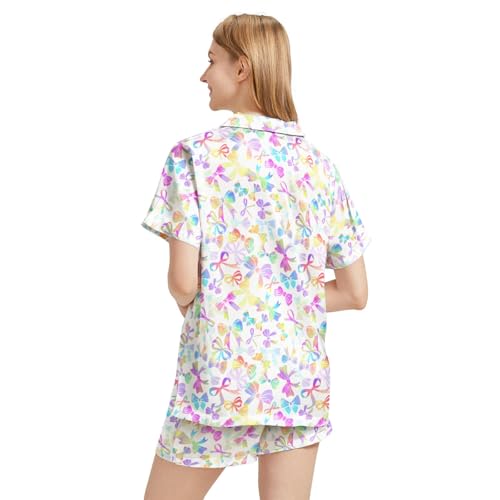 Image of Funny Pajamas for Women Set Print Satin Loungewear Pjs Short Sleeve Button Down Top and Shorts Sets Sleepwear XS-3XL