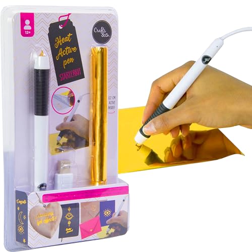 Crafts&Co® Heißfolienstift | Foil Quill mit USB Heißstift mit Feiner Spitze 1,5 mm | Hitzeaktivierte Stift inkl. Hitzeaktivierte Goldfolie | Starter Pack für Freestyle Folien Prägung - Weiß