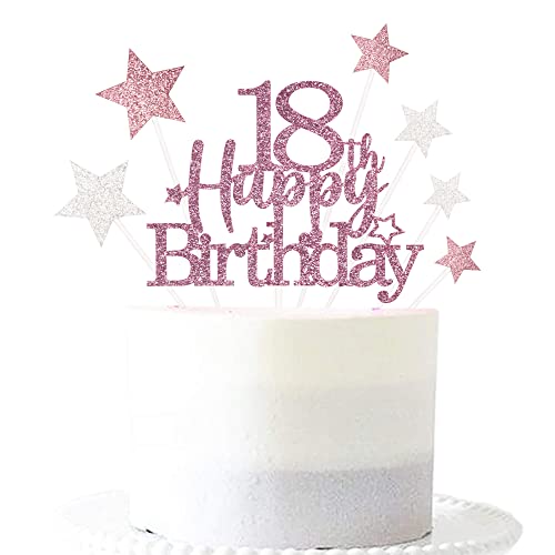 Pargleev Glittery 18th Happy Birthday Cake Topper with Star,18 Birthday Cake Toppers Party Decorations Party Supplies for Girls Rose Gold