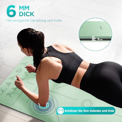 OUTDOUSE Yoga Matte, TPE Yogamatte Rutschfest Hautfreundliche Gymnastikmatte mit Ausrichtungslinien Sportmatte Dicke 6mm, Fitnessmatte Turnmatte Pilates Matte mit Tragegurt 183x61cm