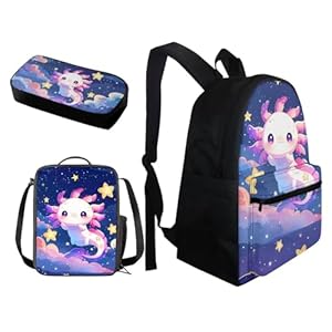 BIGCARJOB Cute Axolotl Backpack for Girls 8 10Pink Axolotl Star Print School Bookbags Little Girls Back to School Daypack Children Kids Kawai School Backpack with Lunchbags Pencil Holder