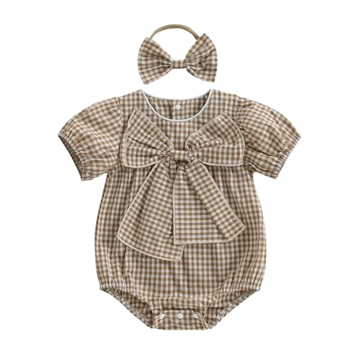 Image of JLKGICF Newborn Baby Girl Summer Outfits Applique Plaid Romper T-shirt Short Sleeve Ruffle Bubble Bodysuit Infant Clothes