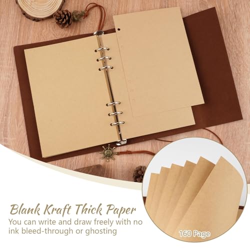 Hopton PU Leder Tagebuch, Nachfüllbar Notizbuch A5, Blanko Reisetagebuch Vintage Journal, Kraftpapier Ringbuch Skizzenbuch A5 Leeres Buch mit 160 Seiten (23.3 × 16 cm,Braun)