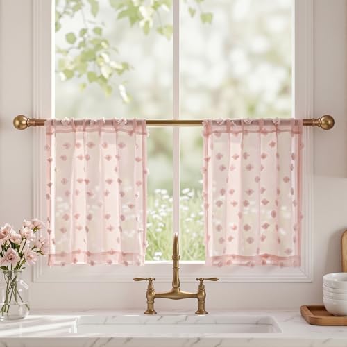 MYSKY HOME Pink Sheer Curtains 24 inch Length for Small Window,2 Panels