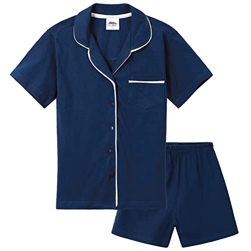CityComfort Schlafanzug Mädchen Kurz Pyjama Kinder Set mit Knöpfen Schlafanzug Teenager Baumwolle Kurzarm Sommer Loungewear Set (11-12 Jahre, Marine)