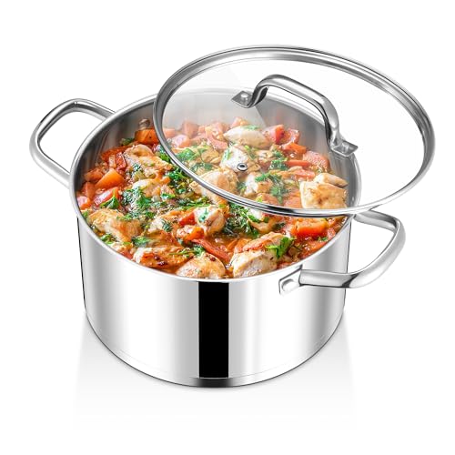 Joyfair Kochtopf, 24cm Edelstahl Suppentopf mit Glasdeckel, 3-Lagen Edeastahl Topf Induktion für alle Herdarten, 5,6 L Kochtopf Fleischtopf für Nudeln/Suppe/Eintöpfe, Gesund & Spülmaschinenfest