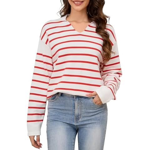 Fynadressr Women Striped Sweaters V Neck Collared 2024 Winter Trendy Knit Long Sleeve Casual Pullover Sweaters White Red M Cover