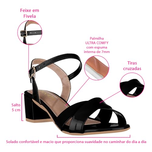 Sandália Feminina Salto Bloco Baixo Fivela Tiras Cruzadas (Azul, BR, Adulto, Numérico, M, 37)