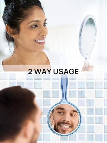 Image of Transparent Hand Mirror 1X /5X Magnification - 5‑inch Round Acrylic Mirror with Handle & Hanging Hole - Lightweight Portable Makeup & Grooming Tool (Blue Small)