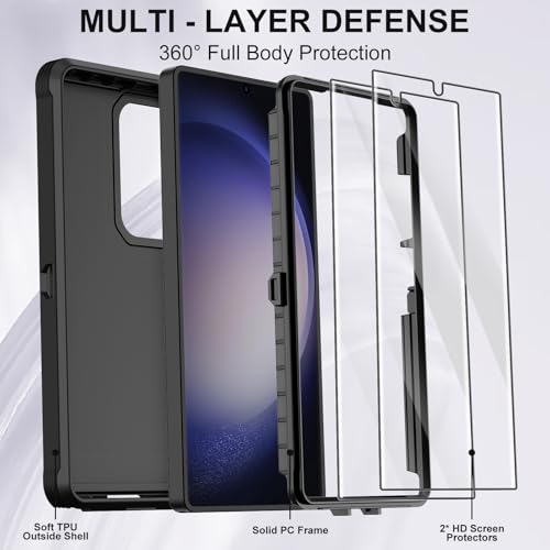 Annymall for Samsung Galaxy S23 Ultra Case with 2 Screen Protector, Heavy Duty Shockproof Drop Protection Dust Proof Military Grade Multi-Layer Rugged Bumpers Protective Phone Cover (Black) - image 2