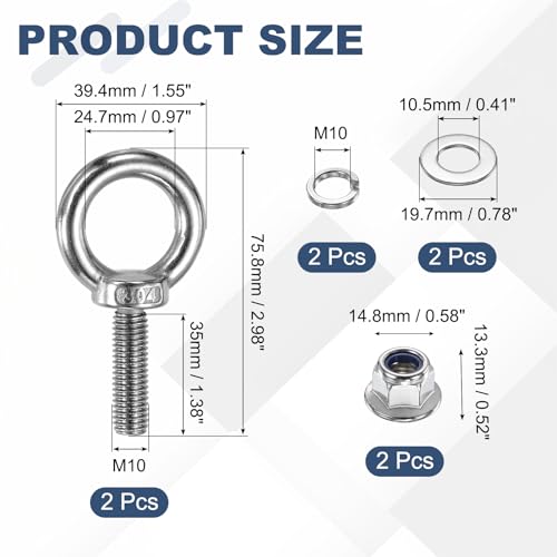 Image of PATIKIL M10 x 35mm Shoulder Eye Bolt, 2 Pcs 304 Stainless Steel Lifting Ring Threaded Eye Bolt with Flange Lock Nuts Spring and Flat Washers for Hanging Tie Down Straps Outdoor Indoor