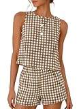 IDEALSANXUN Gingham Sets for Women 2 Piece Outfits 2026 Pajama Sets Fashion Spring Summer Beach Vacation Outfits Cotton Linen Tank Tops and Plaid Shorts, Dark Khaki, M