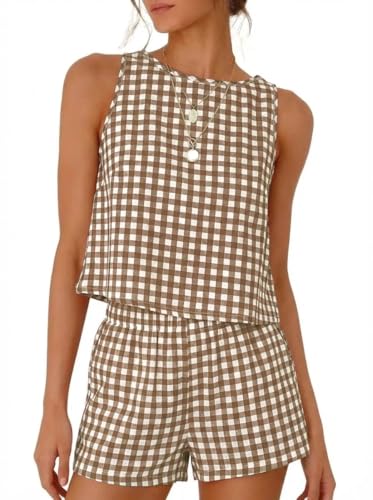 IDEALSANXUN Linen Set Women 2 Piece Outfits 2026 Pajama Sets Fashion Spring Summer Beach Vacation Outfits Cotton Linen Tank Tops and Gingham Shorts Dark Khaki S
