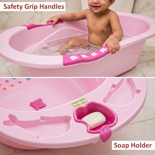 Image of Baybee Dolphin Baby Bath Tub for 0 to 5 Years | Ergonomic Bath Tub for Kids with Non-Slip Base, Quick & Easy Drain | Premium Baby Bather with Soap Holder Bathing Tubs for Boys Girls (Pink)