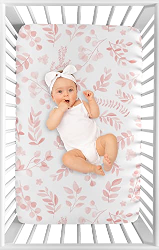 Image of Sweet Jojo Designs Blush Pink and White Floral Leaf Girl Fitted Mini Crib Sheet Baby Nursery for Portable Crib or Pack and Play Boho Chic Bohemian Watercolor Botanical Flower Woodland Tropical Garden