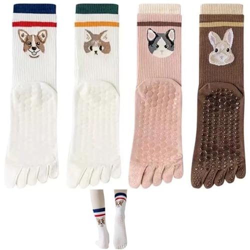 Image of SHIFANTREE Cute Dog Cartoon 5 Toe Yoga Socks for Women Non-Slip Silicone Grip, Breathable Cotton Socks for Pilates Yoga Barre (4pairs)