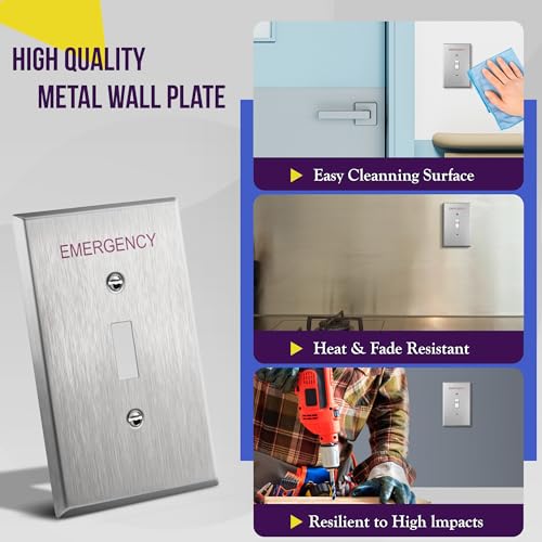 Image of ENERLITES Toggle Light Switch Metal Cover Plate with Emergency Label, Stainless Steel Wall Plate, Corrosion Resistant, Mid-Size 1-Gang 4.88 inch x 2.11 inch, 430 Stainless Steel, 7711M-E, Silver | Emergency label for safety; Mid-size 4.88 inch x 2.11 inch; Rust-proof stainless; Ideal for commercial use; 7711M-E