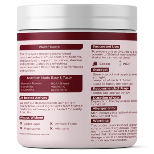 Image of Rooted Actives Power Beets | Beetroot Powder with BCAAs, L-Arginine, L-Carnitine & Resveratrol | Watermelon Mint Flavour | Zero Added Sugar | 5-in-1 Superfoods Blend | 25 Servings | 250g | Powder