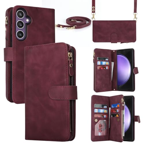 Jaorty Crossbody Phone Case for Samsung S23 FE 5G with Strap Lanyard,Galaxy S23 FE 5G Case Wallet with Card Holder for Women,Zipper Pocket Magnetic Flip Leather S23 FE Case,6.4