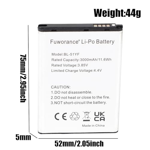 Fuworance Bateria 3000 mAh, 3,85 V, BL-51YF, kompatybilna z LG G4, H540T, H631, H634, H740, H810, H811, H815T, H8185K, H818T, H819, K600Y, LGLS770ABB, LS770, LS770, LS770, LS770 991 MS; 63 P1s VS986