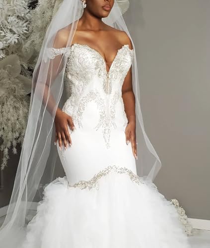 Mermaid Wedding Dresses for Bride Off The Shoulder Beaded Rhinestones Bridal Dress with Cathedral Train3