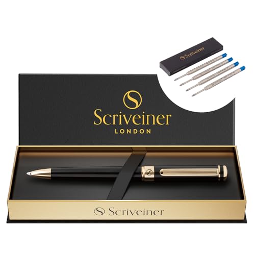 Scriveiner Black Lacquer Ballpoint Pen - Stunning Luxury Pen, Real Gold Plating, bundle Ballpoint Refill Blue Medium - 4 Ballpoint Refills in one box
