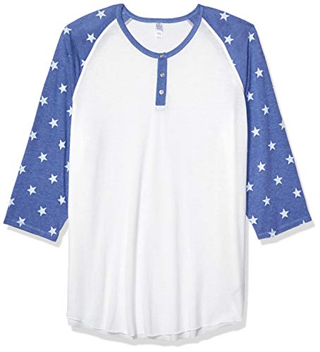 Alternative Men's Basic Printed Jersey 3/4 Sleeve Raglan Henley Shirt, Eco Ivory & Pacific Blue Stars, X-Large