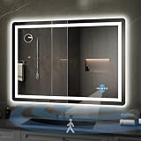 YITAHOME 48 x 32 Inches LED Bathroom Mirror, Front Light and Backlit, Motion Sensor, 10X Magnifying Glass, 3 Colors Dimmable, 5mm Tempered Glass, Anti-Fog, Wall Mounted Mirror-Horizontally Only