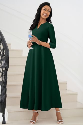 Image of FANDEE Maxi Dress for Women Casual 3 /4 Sleeve V Neck Semi Formal Fit and Flare Dress Classy High Waist Wedding Guest Dresses