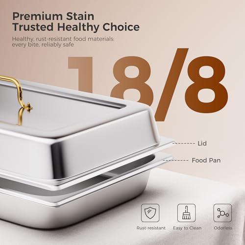 4 Pans Gold 18/8 (304) Stainless Steel 4 Pack Chafing Dishes for Buffet 9QT Stackable Chafing Dish Buffet Set Food Warmer, Food Warmers for Parties Buffet Catering Events Dinners-RG404 - Image 5
