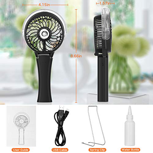 Handheld Misting Fan Portable Hand Fan-Mini Rechargeable Battery Operated Fan, Foldable Personal Travel Fan with Cooling Humidifier and Colorful Nightlight for Camping, Office, Outdoor (Black)