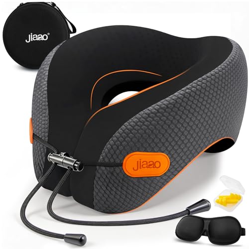 Image of jiaao Travel Pillow Memory Foam Neck Pillow for Airplanes with Adjustable Neck Support, Includes Eye Mask, Earplugs & Storage Bag - Perfect for Flights, Road Trips, and Trains