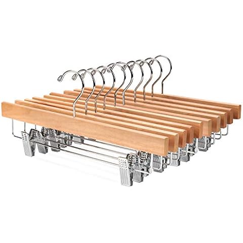 Nature Smile Solid Lotus Wood Deluxe Wooden Pants Hangers Bottom Hanger Jeans Hanger Skirt Hanger with 2-Adjustable Clips Anti-Rust Hook Pack of 10 (Natural) Cover