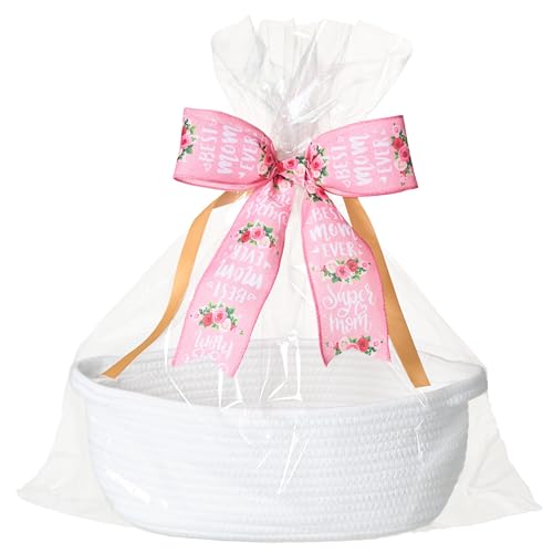 Image of Small Woven Gift Basket Empty with Bag & Ribbon, Storage Basket for Father's Day for Dad, Baby Shower, Raffle, Birthday, Cute Organizer with Handles, 12 inchx8 inchx5 inch, White /Pink Floral