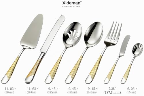 Xideman® Lot de 7 couverts de service en acier inoxydable martelé 18/10 – Couverts d'hôtesse avec couteau à gâteau et pelle à gâteau (Doré Argenté) – vue 8
