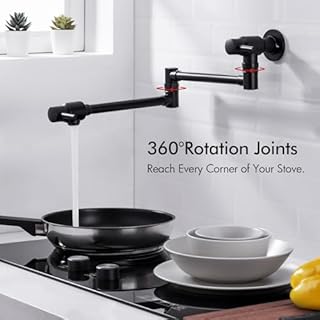 23.4“ Black Pot Filler, BAGNOLUX Upside Down Design Pot Filler, Wall Mount Pot Faucet for Kitchen Sink Folding, Coffee Machine Faucet with Stretchable Double Joint Swing Arms