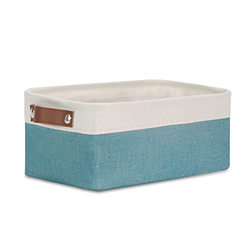 DULLEMELO Small Collapsible Fabric Basket for Organizing, Shelves, Closets, Laundry, Nursery, Decorative Gift Basket (White & Teal)