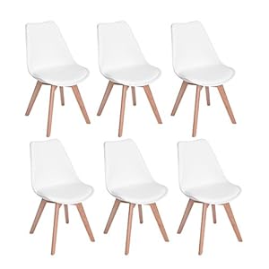 H.J WeDoo Set van 6 Eetkamerstoelen Scandinavisch, Keukenstoelen met Gestoffeerde Zitting en Beukenhouten Poten, Stoelen Geschikt voor Woonkamer, Slaapkamer, Wit