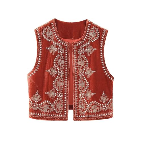Image of Women Vintage Floral Embroidered Vest Y2K Sleeveless Open Front Cardigan Boho Linen Cropped Waistcoat